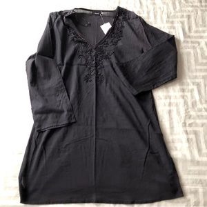 NWT Cabana Tunic Raviya Dress Long Sleeve Black  Cotton Beaded Bohemian S